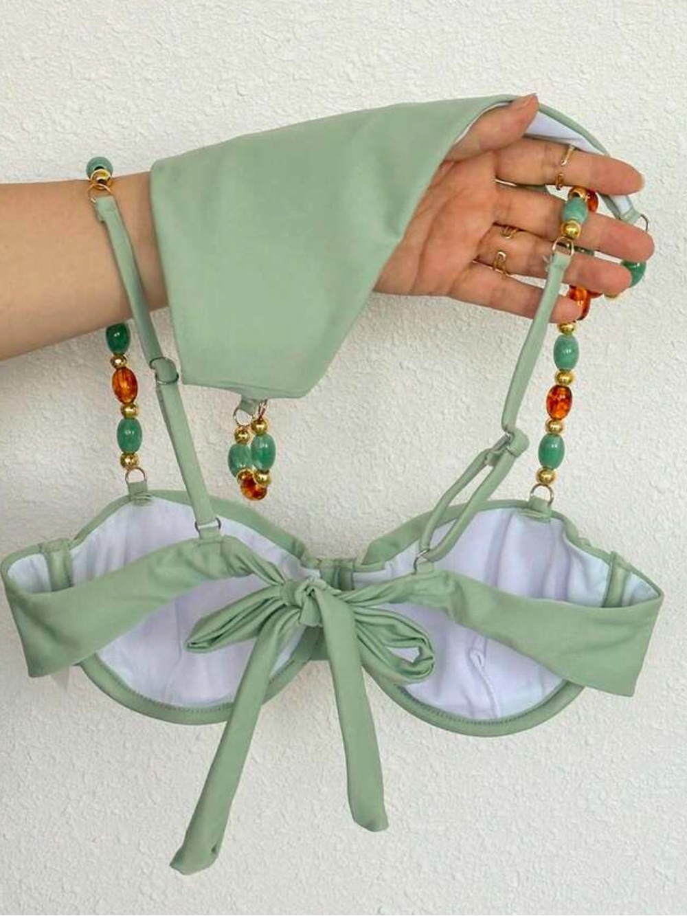SHEIN Light Green Beaded Strap Bikini Top